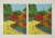 Print showing two separate vertical rectangles in which is a garden of green, red and yellow leafed trees and shrubs with a winding yellow path to the left of each image.