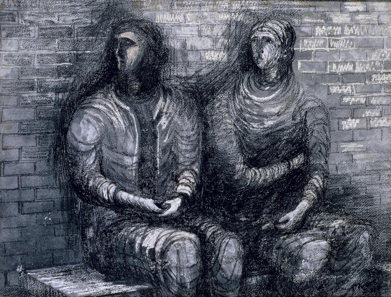 A black and white drawing showing two people huddled together on a bench looking worriedly towards picture left