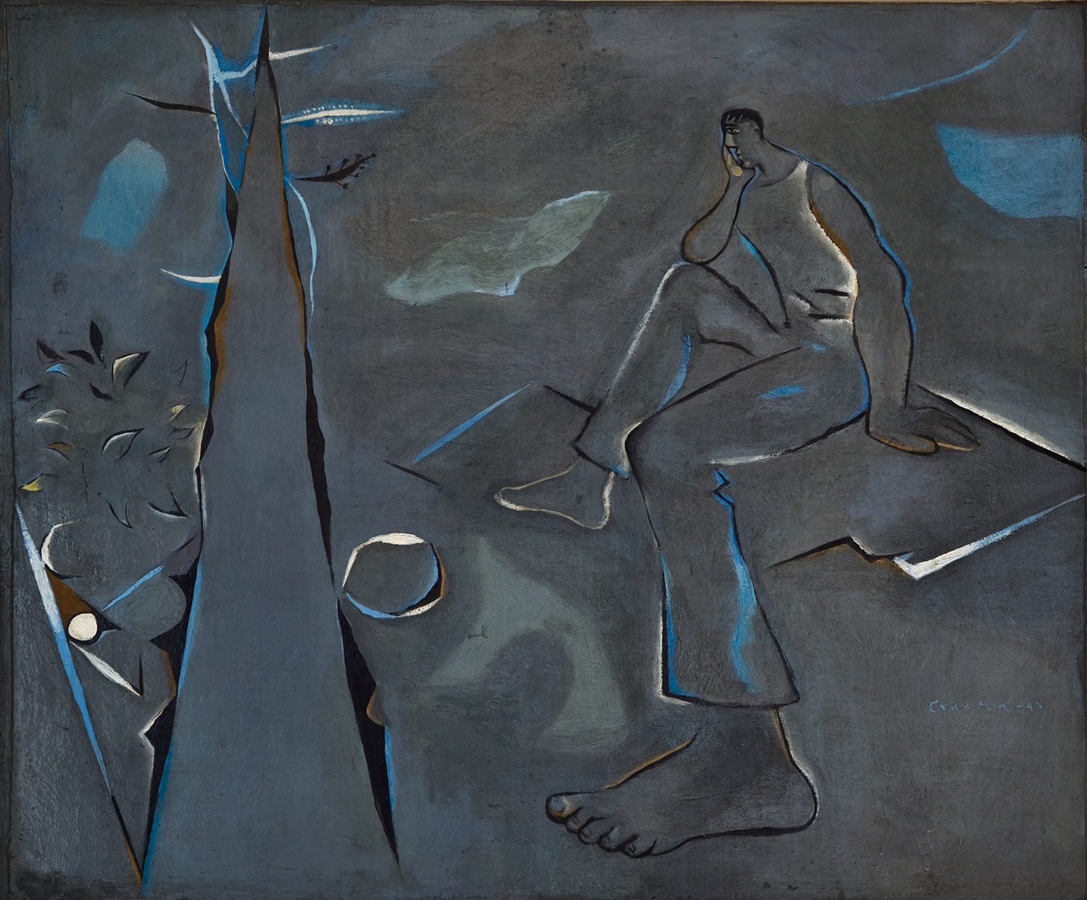 A dark grey painting showing a figure with out of proportionally large feet, sat with his cheek resting on one hand looking at some kind of fissure.