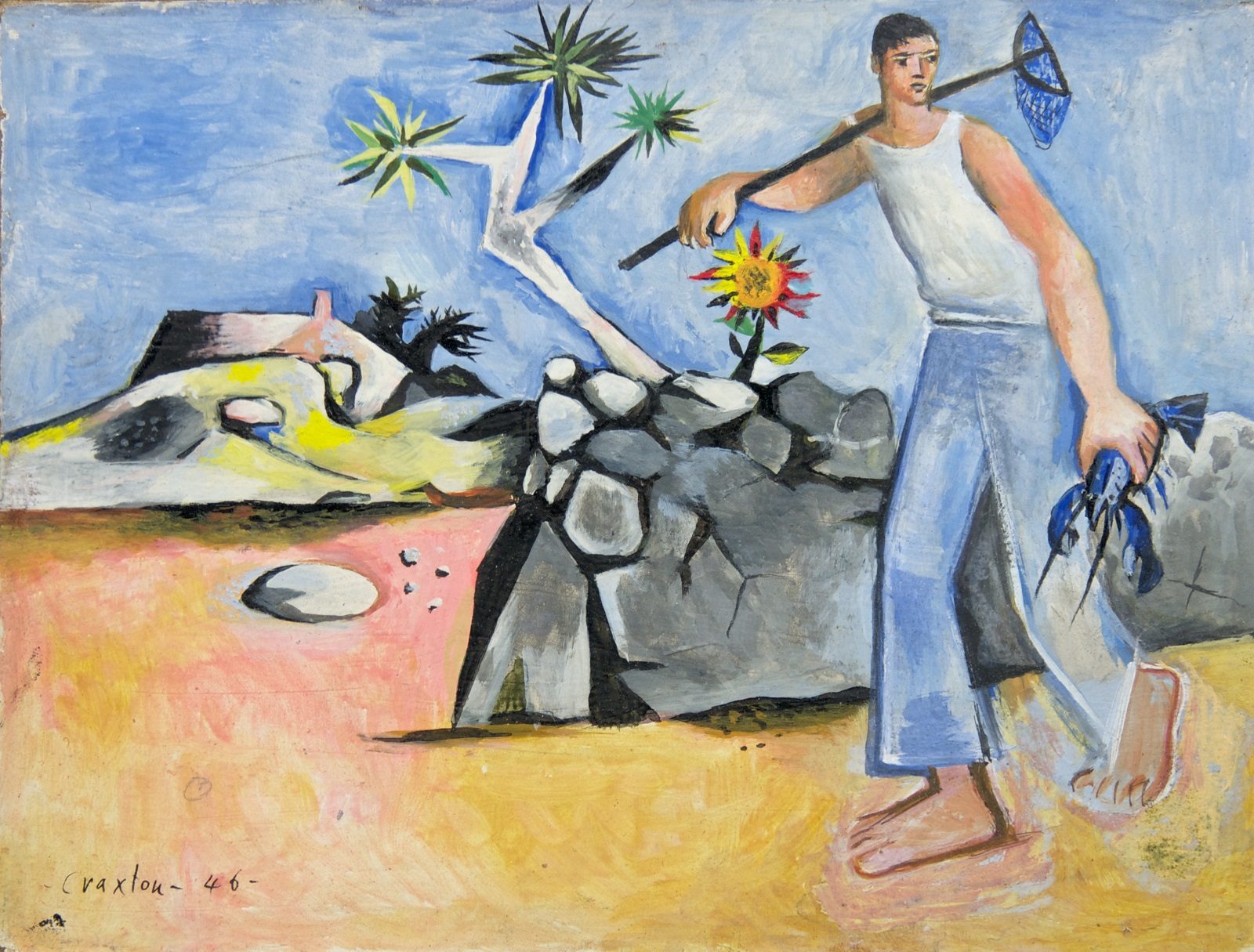 A man wearing blue trousers and a white vest top carrying a lobster net and carrying a blue lobster walks alongside a stone wall in an arid landscape.