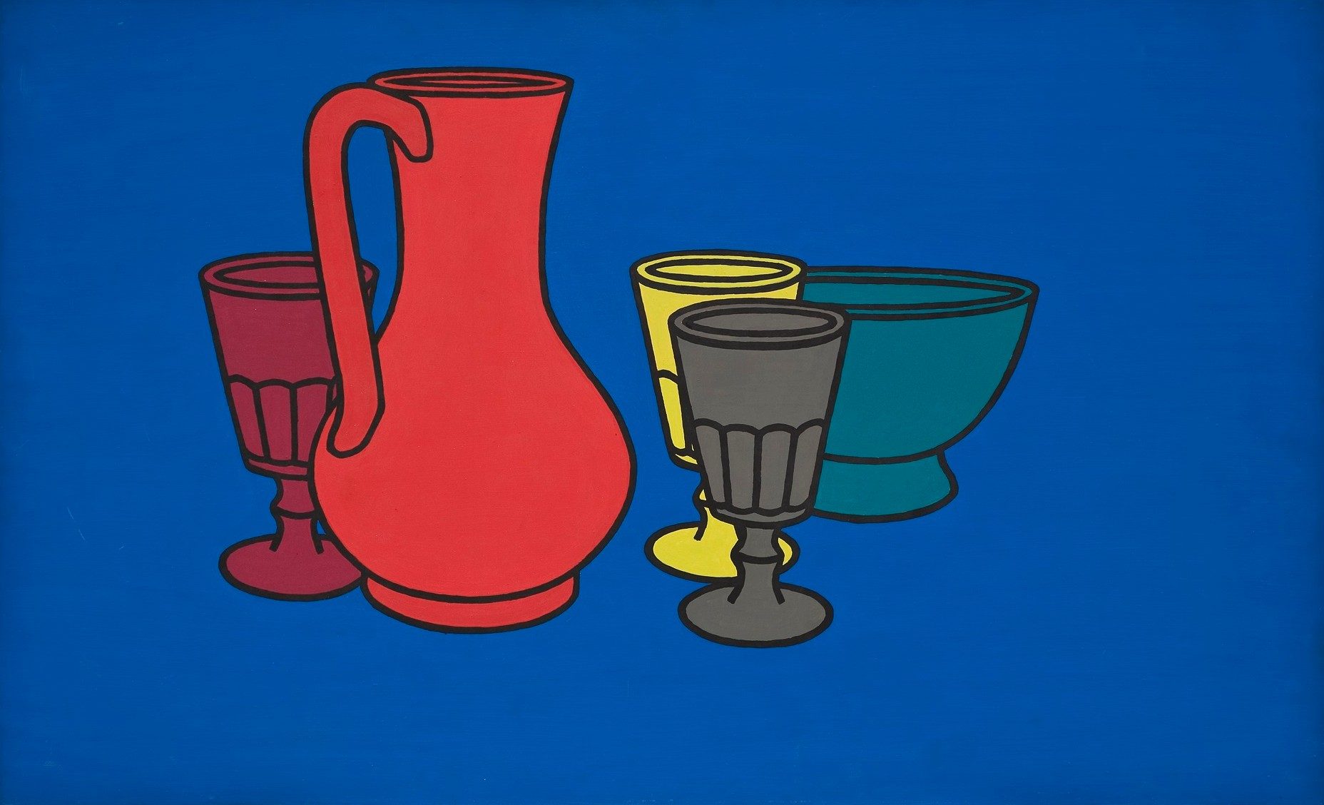 A still life arrangement of a red jug surrounded by a red, grey and yellow goblet and teal coloured bowl against a blue background.