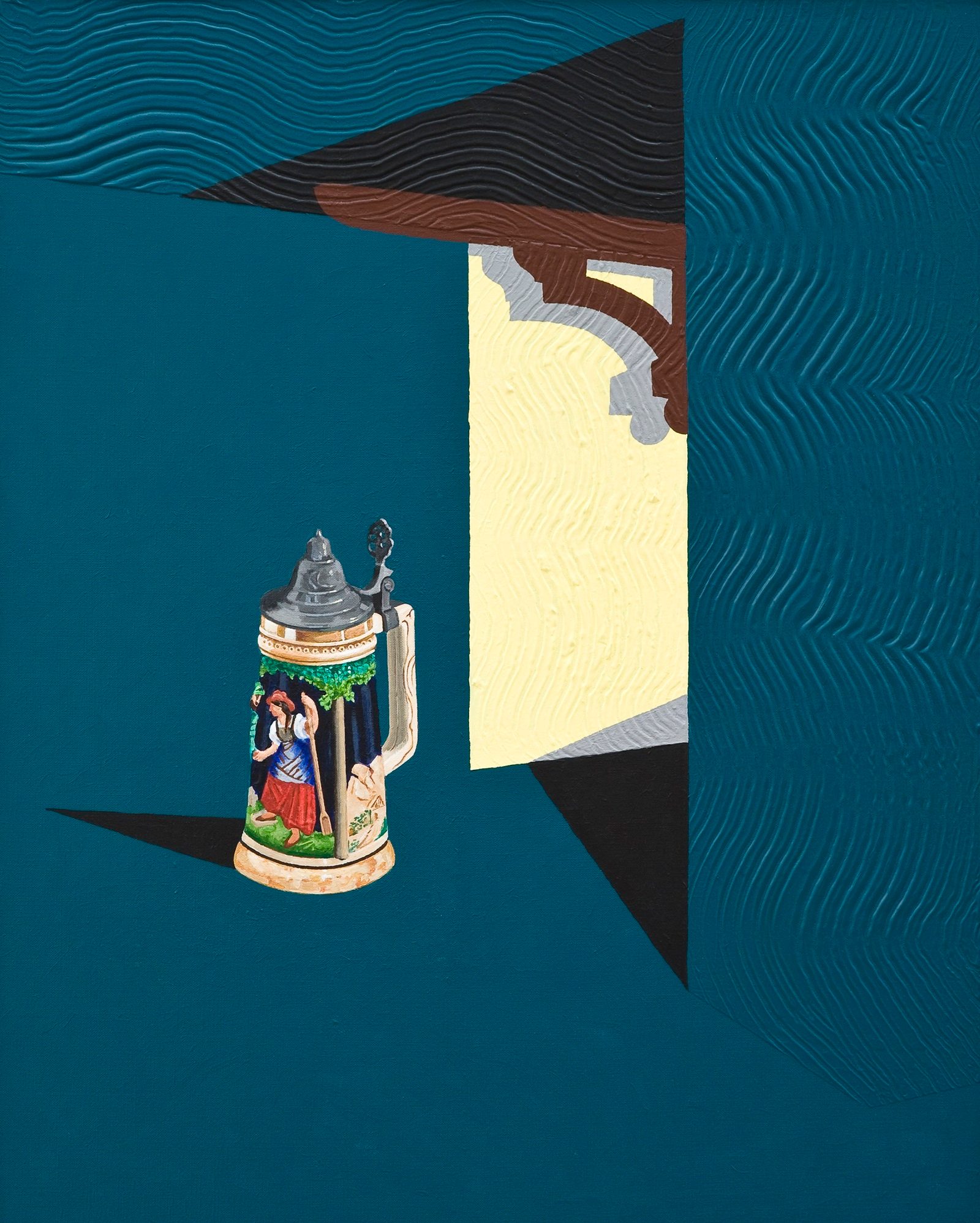 A decorative German stein lager jug with the outline of a white wall and gabled roof behind it, against a teal coloured background.