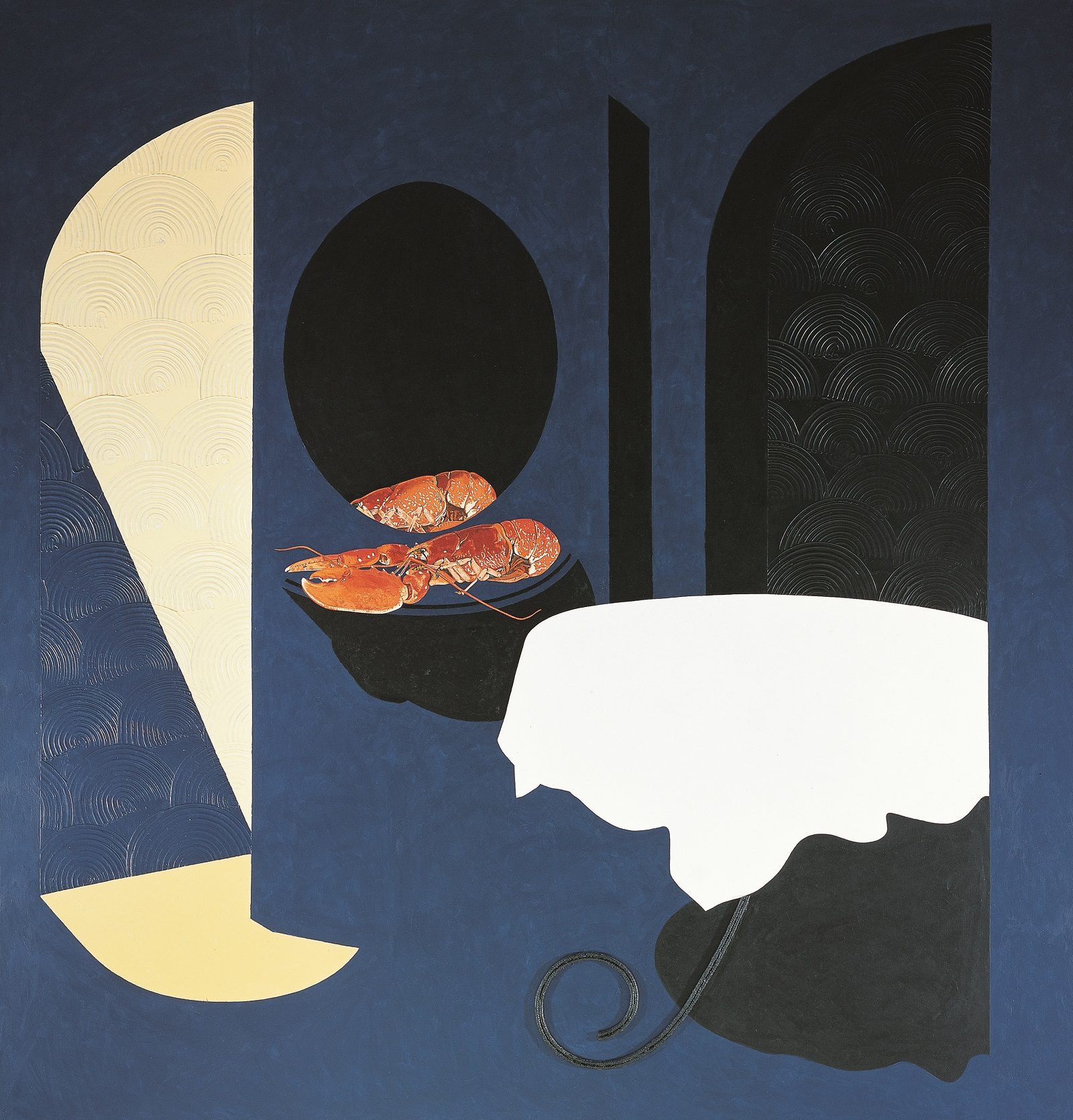 A white tablecloth draped over a round tabled against a dark blue background. To the left of the table is a lobster resting on a side table, partially reflected in an oval mirror.