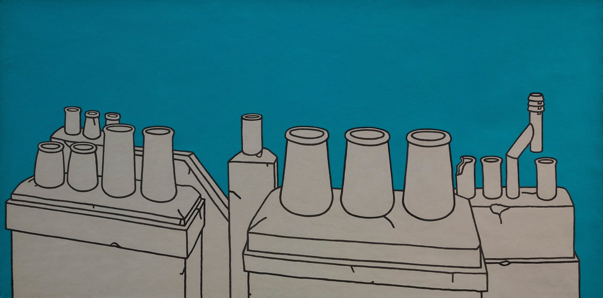 A view of chimney pots outlined in black and painted a flat grey colour against a teal background
