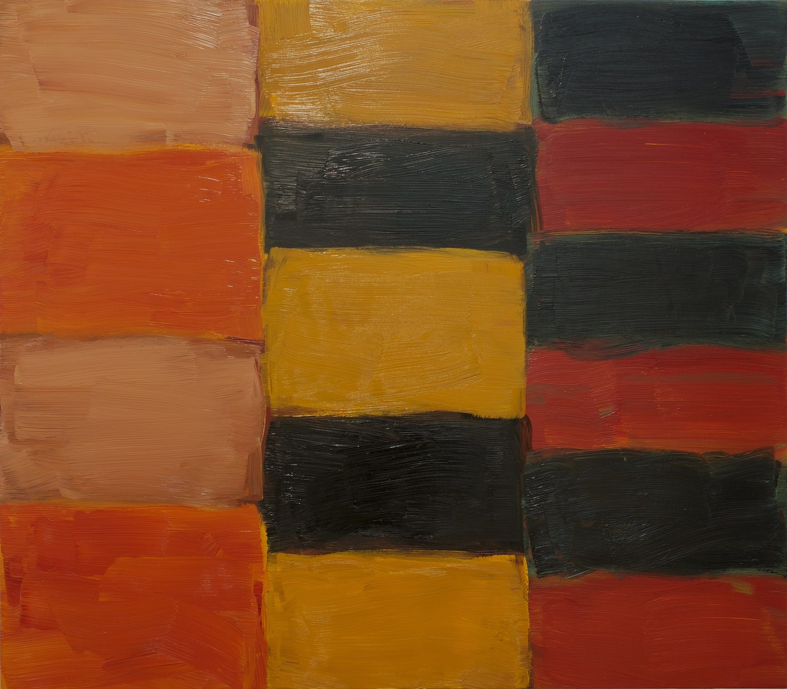 Three columns of coloured blocks. The left side has four blocks in orange and pale terracota orange; the central column has four blocks of yellow and black; the final column has six blocks in red and black.