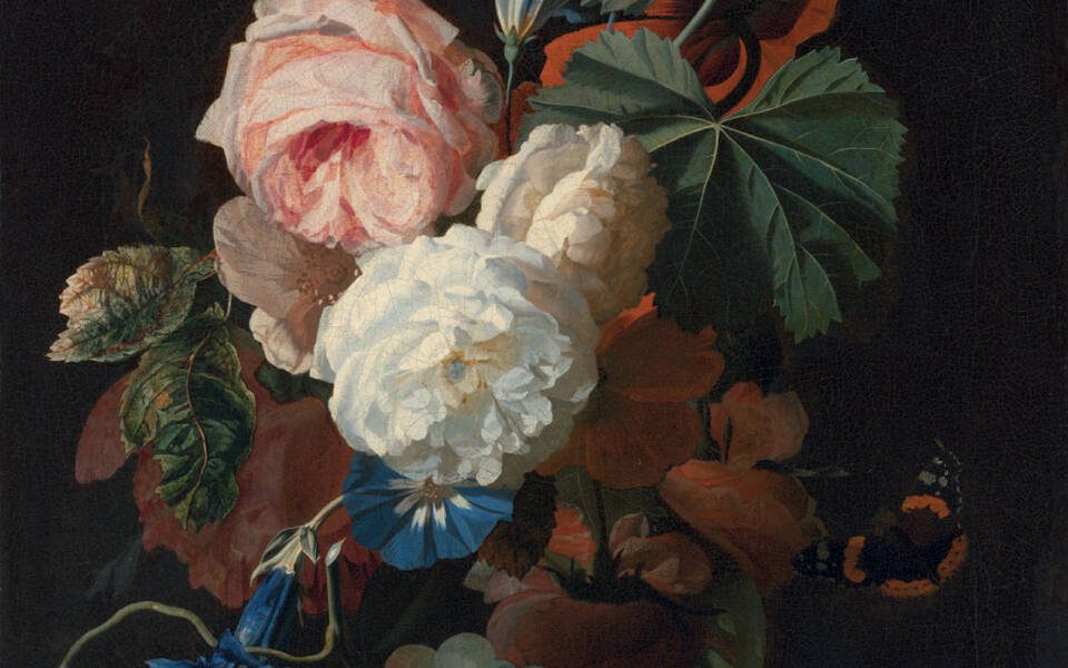 Roses, Morning Glory and a Carnation on a Marble Ledge with Some Grapes