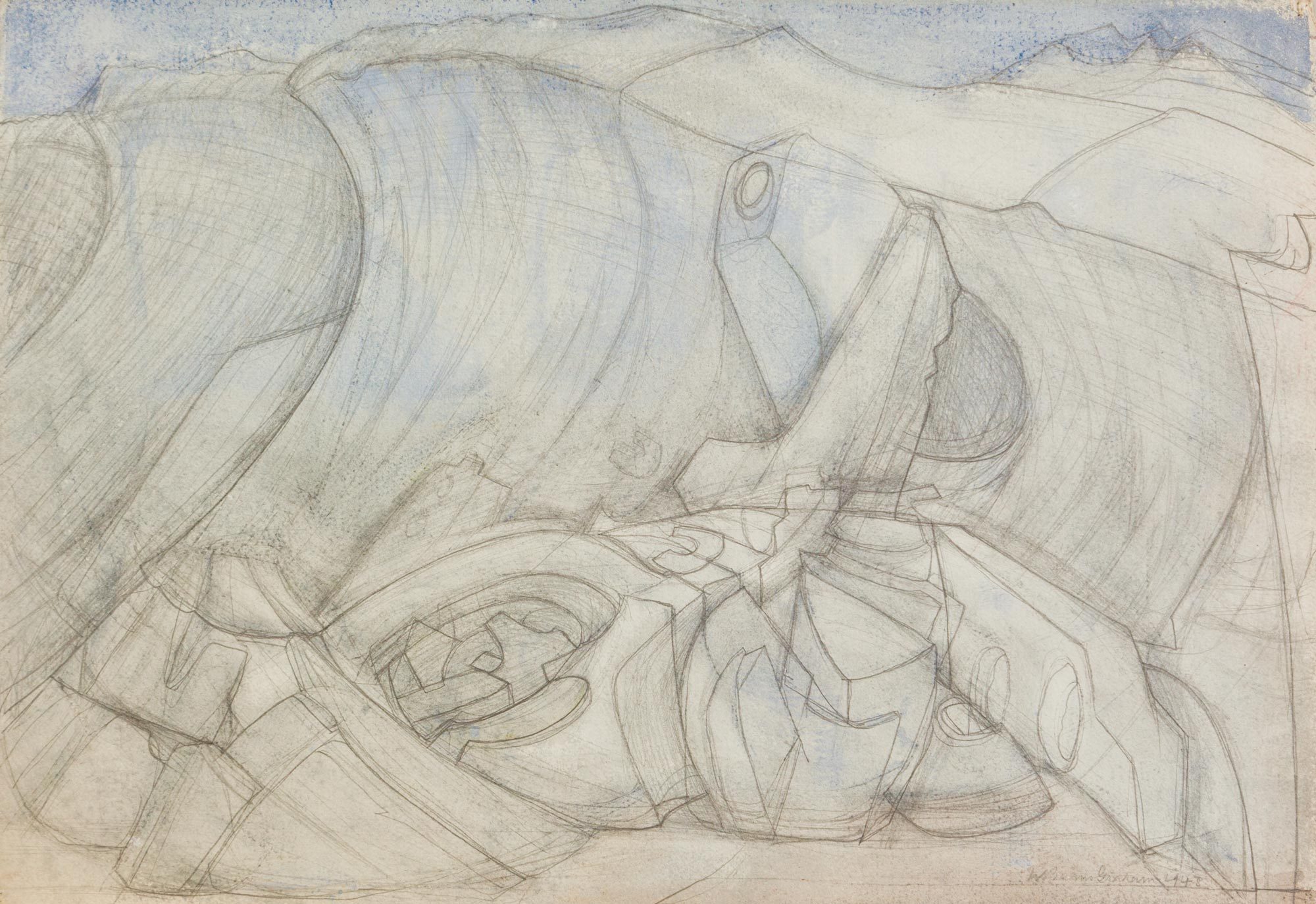 Pencil drawing of glacial landscape with a pale watercolour wash.