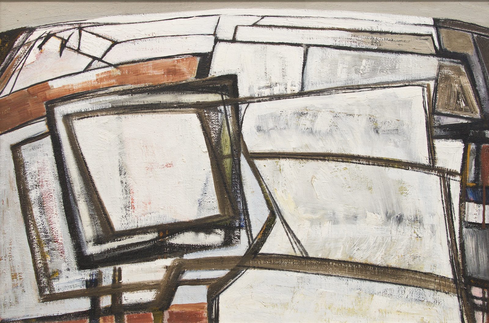 Landscape with strongly delineated geometric form in depiction of patchwork of field boundaries in snow