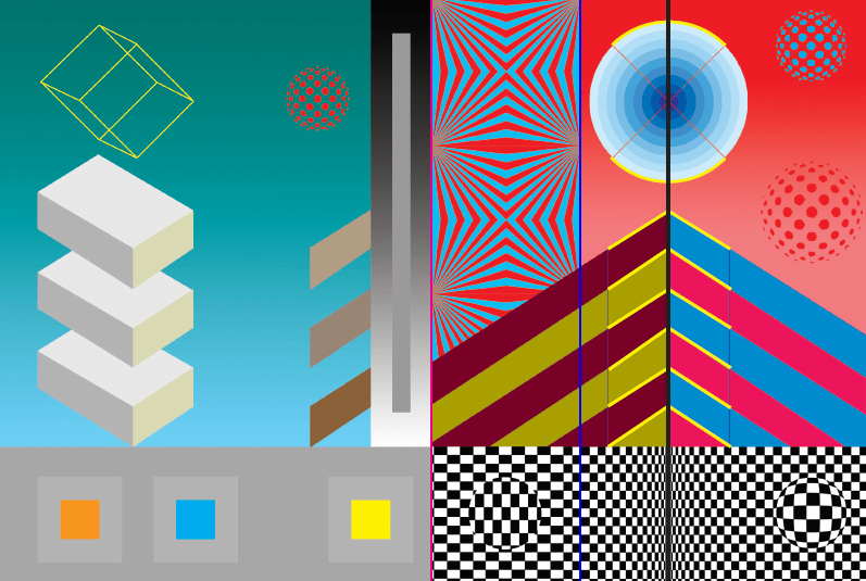 Colourful geometric shapes which produce optical illusions